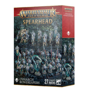 Warhammer Age of Sigmar - Ossiarch Bonereapers - Spearhead: Ossiarch Bonereapers - Warhammer Age of Sigmar Ossiarch Bonereapers Spearhead box with 27 gray plastic miniature figures including skeletal.