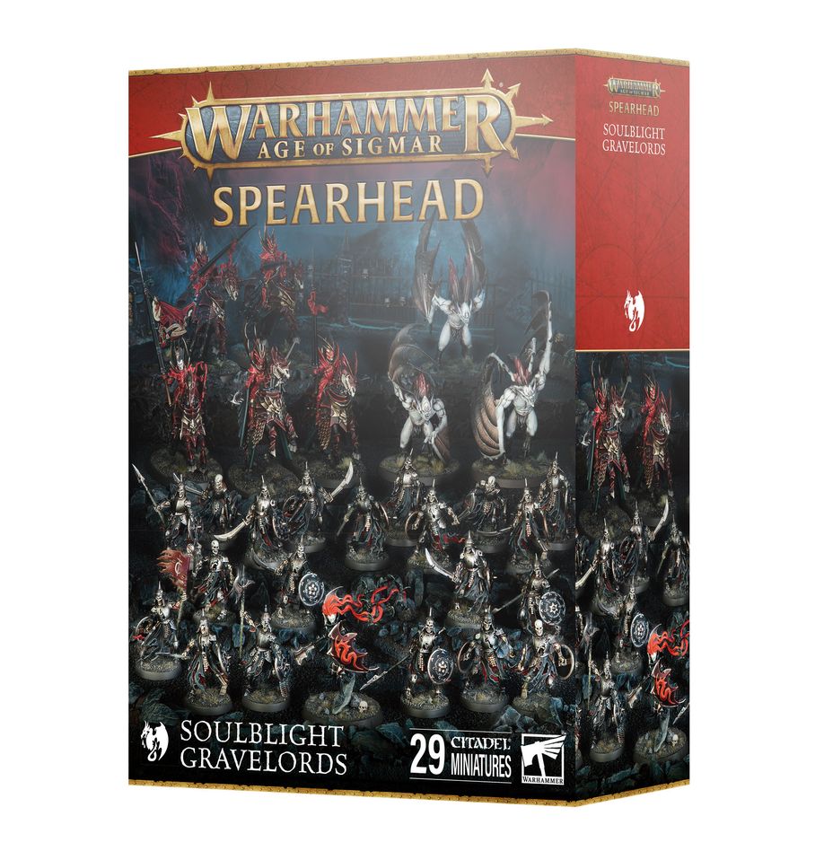 Warhammer Age of Sigmar - Spearhead - Soulblight Gravelords - Warhammer Age of Sigmar Spearhead box featuring 29 Soulblight Gravelords undead miniatures in dark, detailed armor with red.