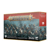 Warhammer Age of Sigmar - Soulblight Gravelords - Deathrattle Skeletons - Warhammer Age of Sigmar Deathrattle Skeletons box featuring 24 plastic undead miniatures in dark, weathered armor wielding.