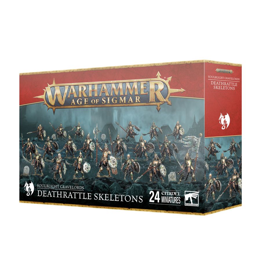 Warhammer Age of Sigmar - Soulblight Gravelords - Deathrattle Skeletons - Warhammer Age of Sigmar Deathrattle Skeletons box featuring 24 plastic undead miniatures in dark, weathered armor wielding.