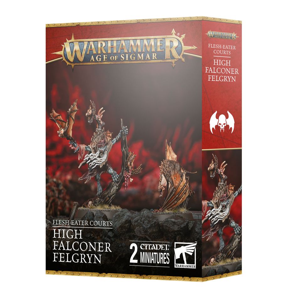 Warhammer Age of Sigmar - Flesh-Eater Courts- High Falconer Felgryn - Warhammer Age of Sigmar Flesh-Eater Courts High Falconer Felgryn miniature box with painted skeletal rider on winged beast.