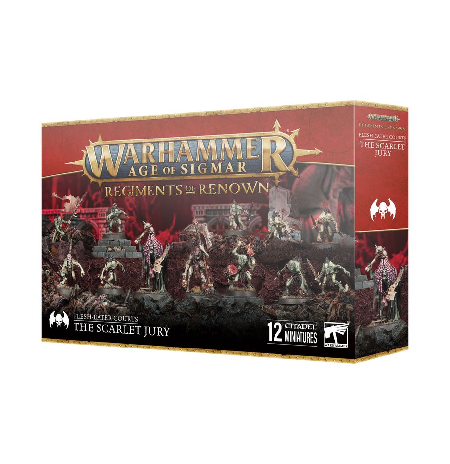 Warhammer Age of Sigmar - Flesh-Eater Courts - The Scarlet Jury - Warhammer Age of Sigmar Flesh-Eater Courts The Scarlet Jury box with painted skeletal undead miniatures in red and gray.
