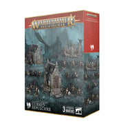 Warhammer Age of Sigmar - Soulblight Gravelords - Cursed Sepluchre - Warhammer Age of Sigmar Cursed Sepulchre terrain kit with gothic ruined buildings and skeletal miniatures in dark, weathered
