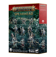 Warhammer Age of Sigmar: Spearhead: Ossiarch Bonereapers – Mortisan Elite - Warhammer Age of Sigmar Spearhead box featuring skeletal Mortisan Elite warriors in bone-white armor wielding spears, set.