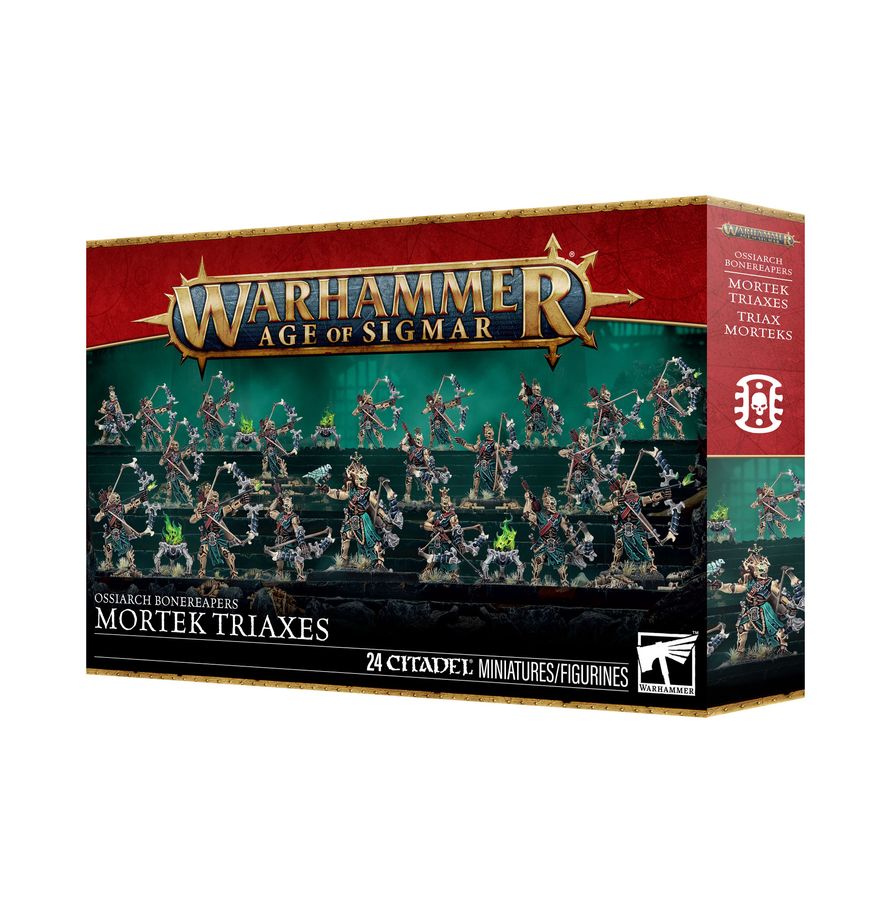 Warhammer Age of Sigmar - Ossiarch Bonereapers - Mortek Triaxes (PREORDER) - Warhammer Age of Sigmar Mortek Triaxes box featuring 24 detailed skeletal warrior miniatures with weapons and armor.