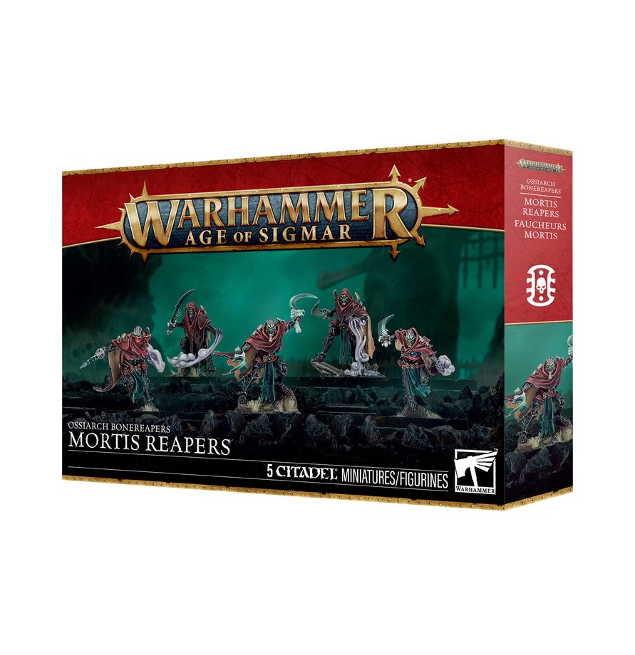 Warhammer Age of Sigmar - Ossiarch Bonereapers - Mortis Reapers (PREORDER) - Boxed set of five bone-colored, skeletal warrior miniatures with dark armor and weapons on scenic bases.