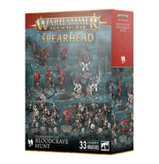 Warhammer Age of Sigmar - Spearhead - Soulblight Gravelords Bloodcrave Hunt - Warhammer Age of Sigmar set box featuring 33 detailed dark fantasy miniatures with red and bone-colored armor and weapons on