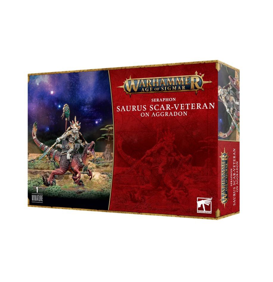 Warhammer Age of Sigmar - Seraphon - Saurus Scar-Veteran - Warhammer Age of Sigmar Seraphon Saurus Scar-Veteran box with red and gold design and fantasy warrior artwork.