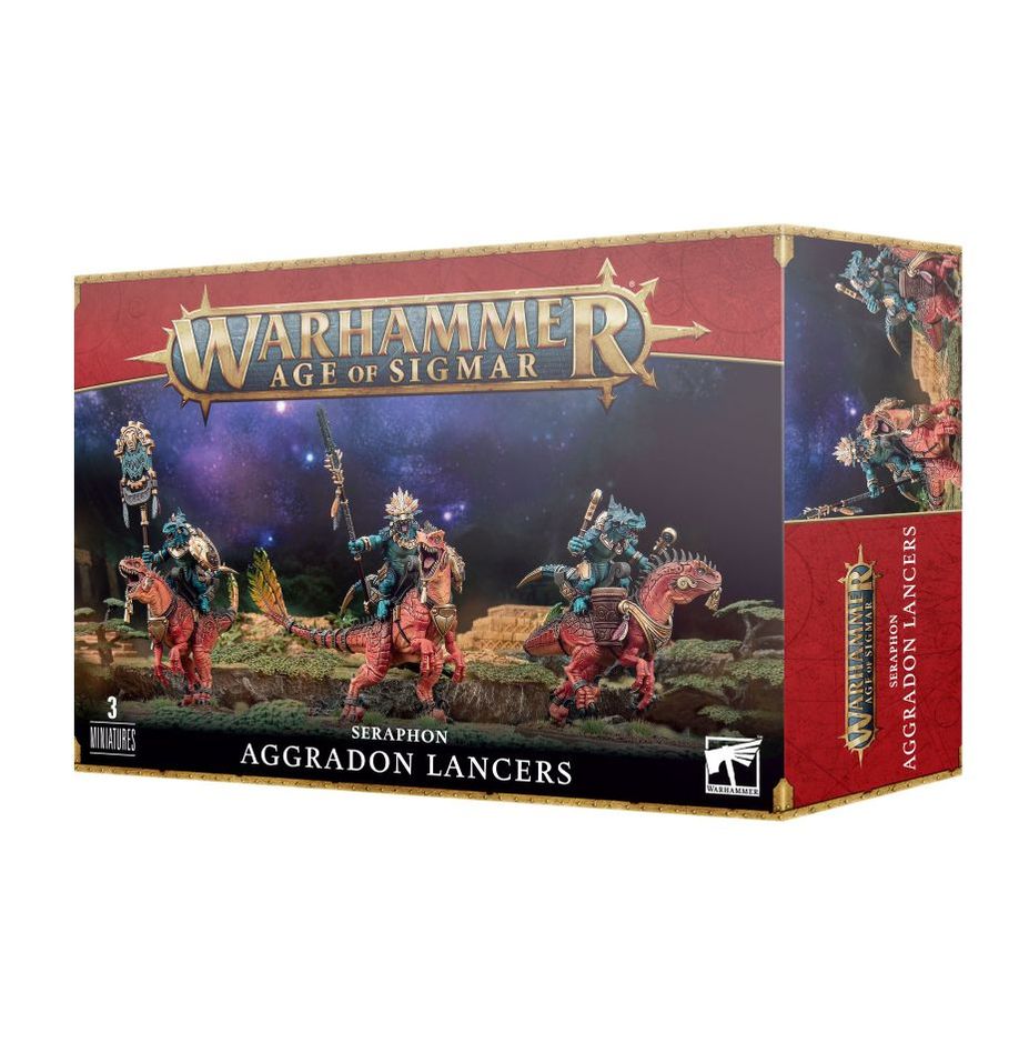 Warhammer Age of Sigmar - Seraphon - Aggradon Lancers - Warhammer Age of Sigmar Seraphon Aggradon Lancers box featuring painted lizard warriors on armored reptilian mounts with.