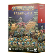 Warhammer Age of Sigmar - Seraphon - Spearhead Box - Warhammer Age of Sigmar Seraphon Spearhead Box with painted blue and green lizardmen miniatures and dinosaur models on.