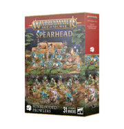Warhammer Age of Sigmar: Spearhead: Seraphon – Sunblooded Prowlers - Warhammer Age of Sigmar Spearhead box featuring 31 Sunblooded Prowlers miniatures with reptilian warriors in blue and gold.