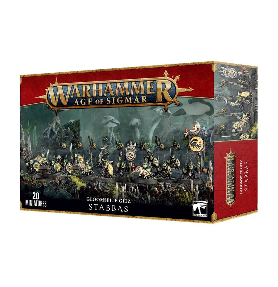 Warhammer Age of Sigmar - Gloomspite Gitz - Stabbas - Boxed Warhammer Age of Sigmar Gloomspite Gitz Stabbas miniatures set with goblin models and dark fantasy artwork.