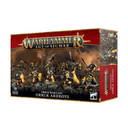 Warhammer Age of Sigmar - Orruk Warclans - Ardboyz - Boxed set of Warhammer Age of Sigmar Orruk Warclans Ardboyz miniatures with green-skinned warriors wielding axes and shields