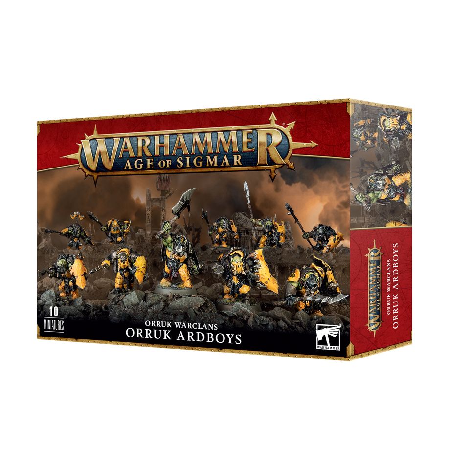 Warhammer Age of Sigmar - Orruk Warclans - Ardboyz - Boxed set of Warhammer Age of Sigmar Orruk Warclans Ardboyz miniatures with green-skinned warriors wielding axes and shields