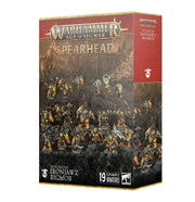 Warhammer Age of Sigmar - Orruk Warclans - Ironjawz Bigmob Spearhead - Warhammer Age of Sigmar Orruk Warclans Ironjawz Bigmob Spearhead box with painted dark armored orruk miniatures wielding.
