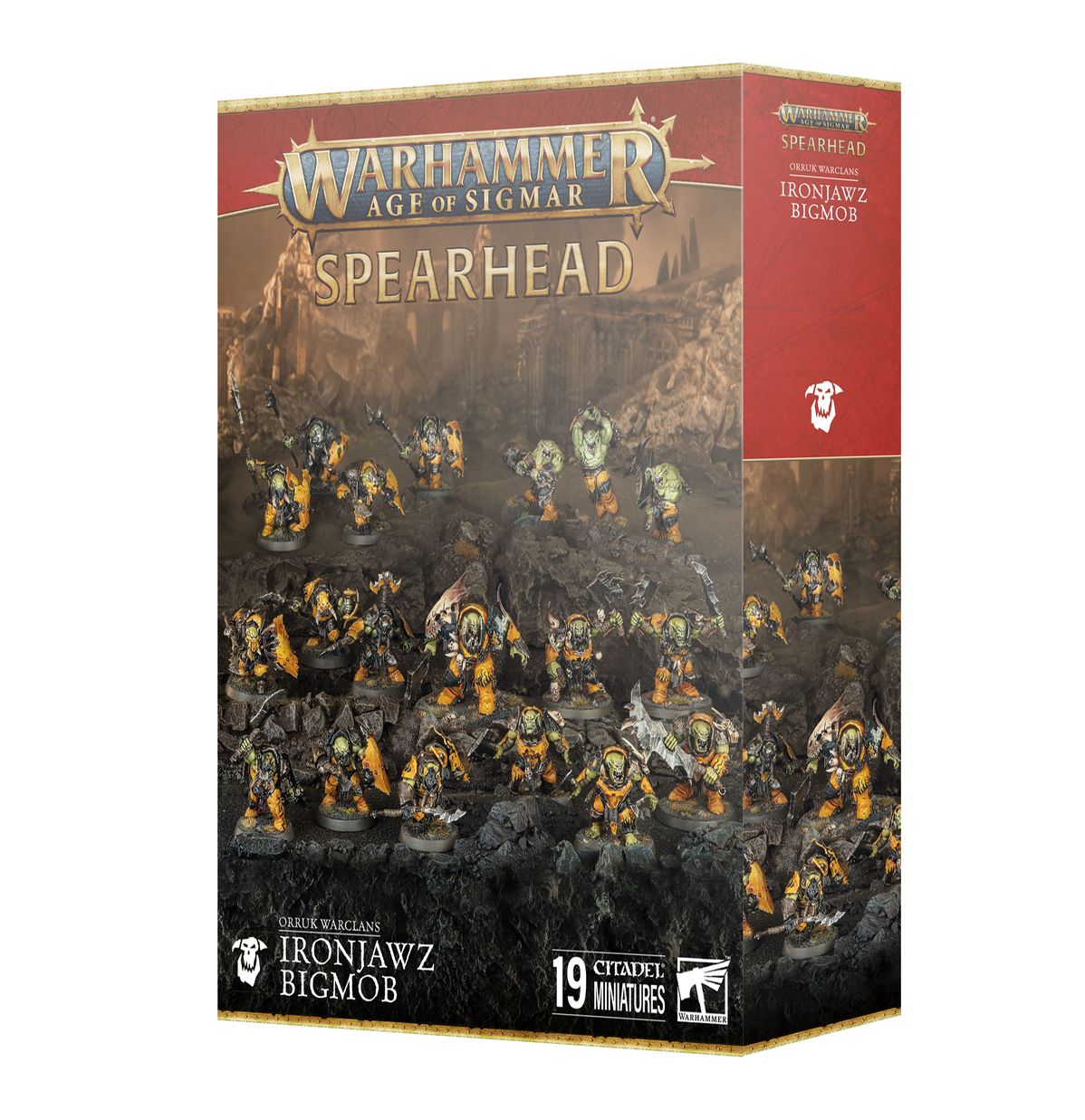 Warhammer Age of Sigmar - Orruk Warclans - Ironjawz Bigmob Spearhead - Warhammer Age of Sigmar Orruk Warclans Ironjawz Bigmob Spearhead box with painted dark armored orruk miniatures wielding.