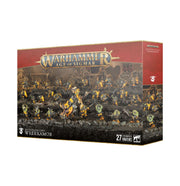 Warhammer Age of Sigmar - Ironjawz - Wrekkamob Battleforce - Warhammer Age of Sigmar Ironjawz Wrekkamob Battleforce box with 27 orc miniatures in yellow armor wielding weapons on rocky.