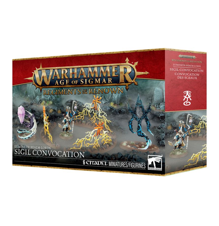 Warhammer Age of Sigmar - Lumineth Realm-lords - Sigil Convocation - Warhammer Age of Sigmar Sigil Convocation box featuring painted Lumineth Realm-lords miniatures with blue, gold, and silver.