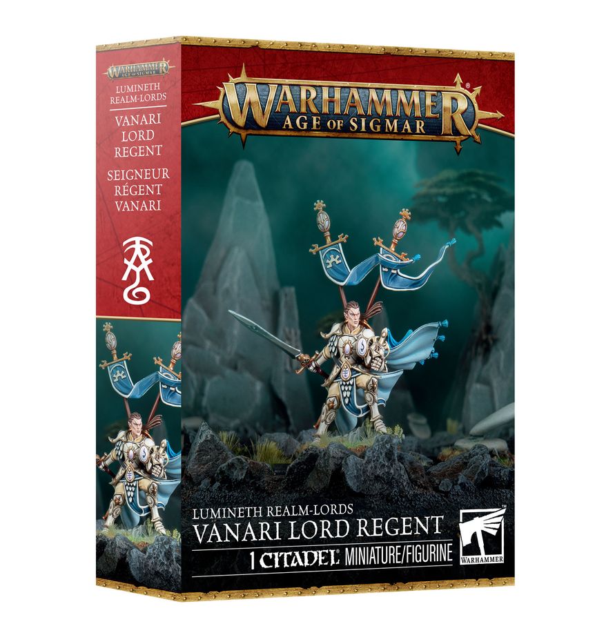 Warhammer Age of Sigmar - Lumineth Realm-lords - Vanari Lord Regent - Detailed painted fantasy miniature of Vanari Lord Regent in white and blue armor holding a blue banner with gold accents,.