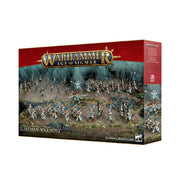 Warhammer Age of Sigmar - Lumineth Realm-lords - Iliathan Warhost Battleforce - Warhammer Age of Sigmar Lumineth Realm-lords Iliathan Warhost Battleforce box showing assembled fantasy miniatures with blue