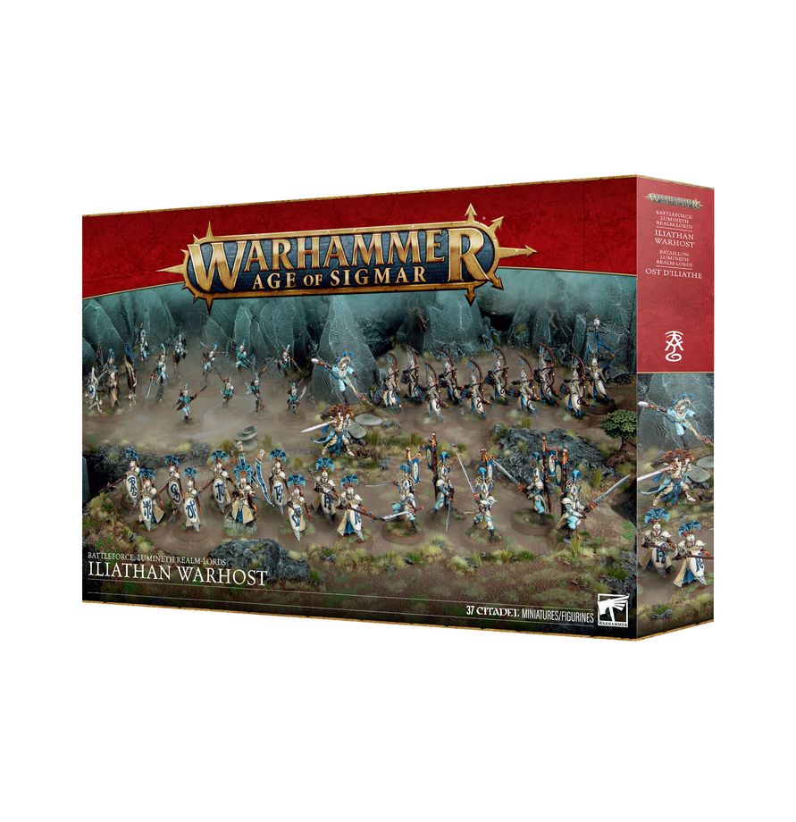 Warhammer Age of Sigmar - Lumineth Realm-lords - Iliathan Warhost Battleforce - Warhammer Age of Sigmar Lumineth Realm-lords Iliathan Warhost Battleforce box showing assembled fantasy miniatures with blue