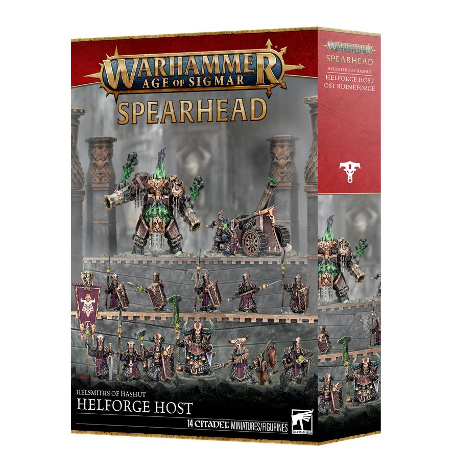Warhammer Age of Sigmar - Helsmiths of Hashut - Helforge Host Spearhead - Warhammer Age of Sigmar Helsmiths of Hashut Helforge Host set with multiple dark metal miniature warriors holding weapons on
