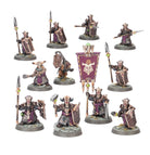 Warhammer Age of Sigmar - Helsmiths of Hashut - Infernal Cohort (PREORDER) - Set of twelve intricately detailed miniature fantasy warriors in dark armor with purple robes, wielding spears, shields, and