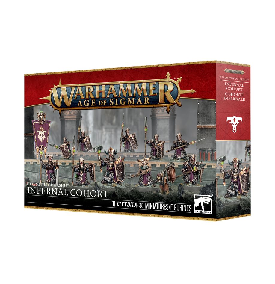 Warhammer Age of Sigmar - Helsmiths of Hashut - Infernal Cohort (PREORDER) - Warhammer Age of Sigmar Helsmiths of Hashut Infernal Cohort boxed set with painted fantasy metal warrior miniatures in dark.