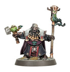 Warhammer Age of Sigmar - Helsmiths of Hashut - Daemonsmith (PREORDER) - Warhammer miniature of a robed Daemonsmith holding a hammer in one hand and a tall staff with a horned skull design in the.