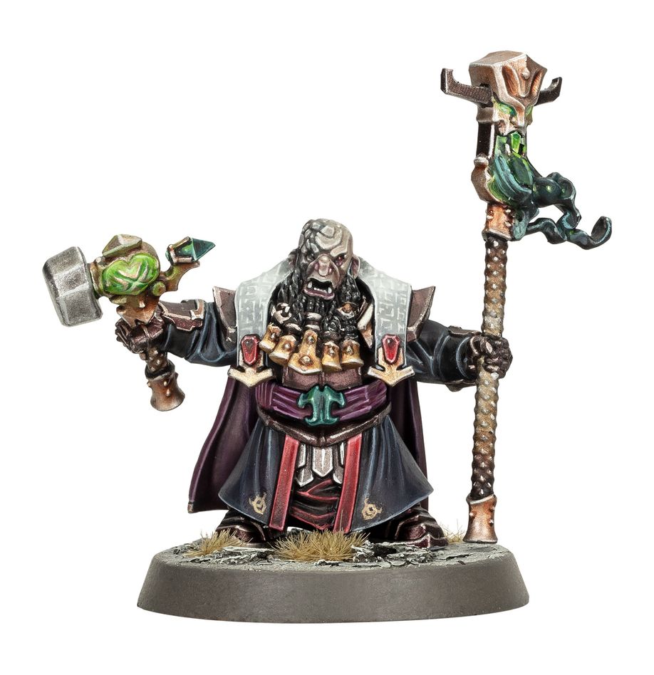Warhammer Age of Sigmar - Helsmiths of Hashut - Daemonsmith (PREORDER) - Warhammer miniature of a robed Daemonsmith holding a hammer in one hand and a tall staff with a horned skull design in the.