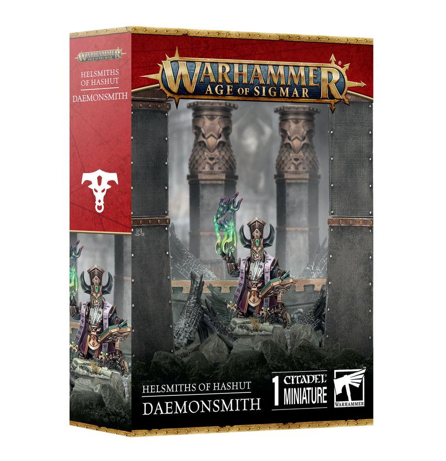 Warhammer Age of Sigmar - Helsmiths of Hashut - Daemonsmith (PREORDER) - Warhammer Age of Sigmar Helsmiths of Hashut Daemonsmith miniature box with dark fantasy metal figure and glowing green staff