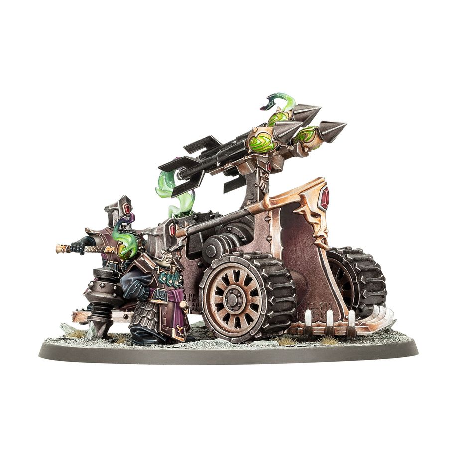 Warhammer Age of Sigmar - Helsmiths of Hashut - Deathshrieker Rocket Battery (PREORDER) - Warhammer Age of Sigmar Helsmiths of Hashut Deathshrieker Rocket Battery miniature with dark metallic rocket launcher,.