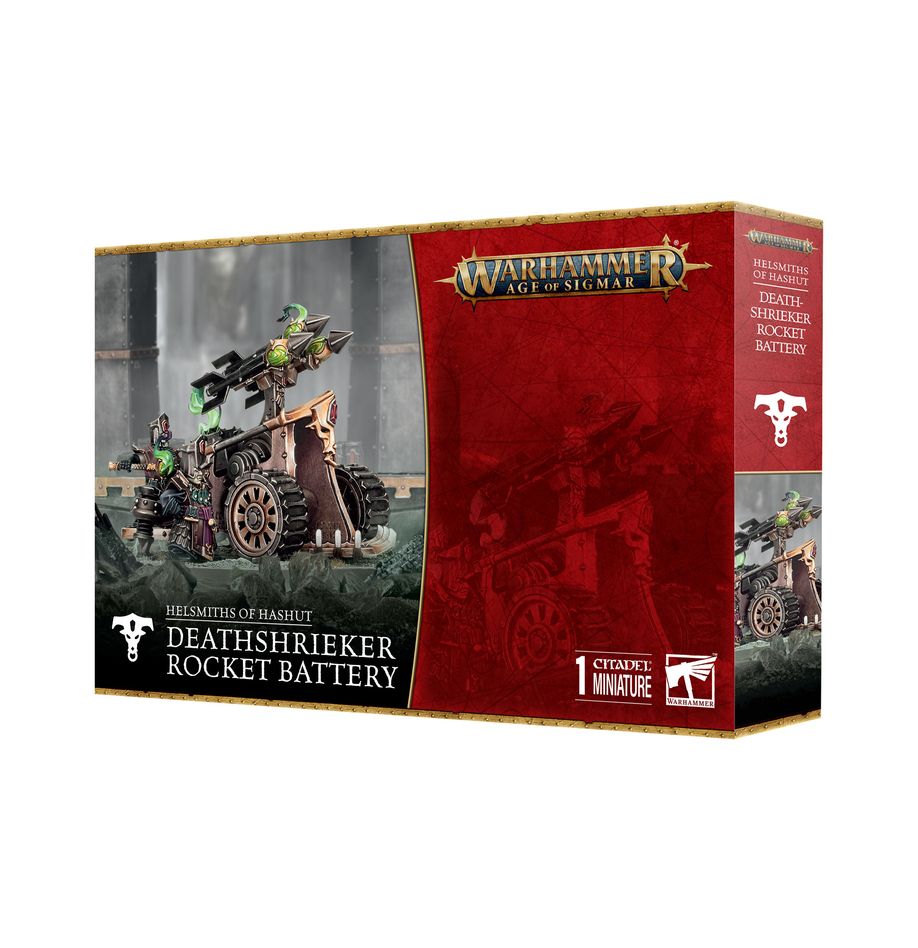 Warhammer Age of Sigmar - Helsmiths of Hashut - Deathshrieker Rocket Battery (PREORDER) - Warhammer Age of Sigmar Helsmiths of Hashut Deathshrieker Rocket Battery box art with painted miniatures and fiery rocket.