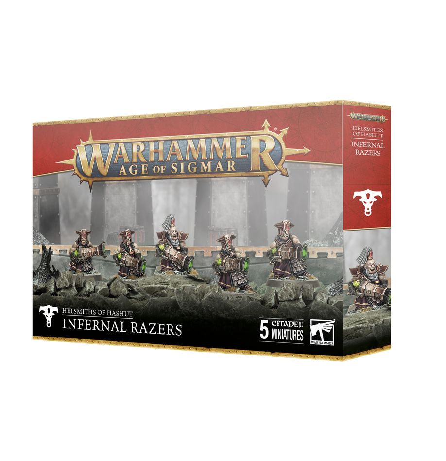 Warhammer Age of Sigmar - Helsmiths of Hashut - Infernal Razers (PREORDER) - Warhammer Age of Sigmar Infernal Razers box art showing five metallic, heavily armored warriors with fiery weapons on dark.