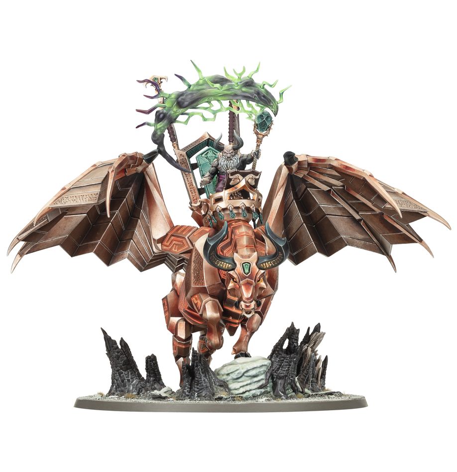 Warhammer Age of Sigmar - Helsmiths of Hashut - Urak Taar the First Daemonsmith (PREORDER) - Detailed Warhammer Age of Sigmar miniature featuring a bronze mechanical daemon with large bat-like wings, a crowned armored