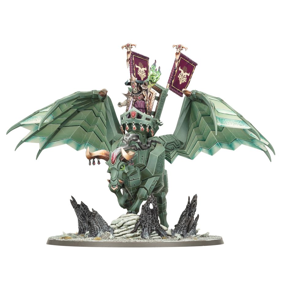 Warhammer Age of Sigmar - Helsmiths of Hashut - Urak Taar the First Daemonsmith (PREORDER) - Green winged dragon with spiked tail and metal armor ridden by armored figure holding banners on rocky base.