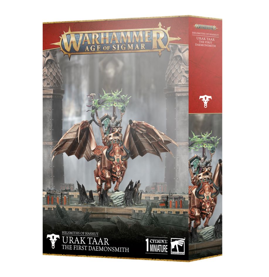 Warhammer Age of Sigmar - Helsmiths of Hashut - Urak Taar the First Daemonsmith (PREORDER) - Warhammer Age of Sigmar box featuring Urak Taar on a winged, armored demon mount with dark red and metallic armor details.
