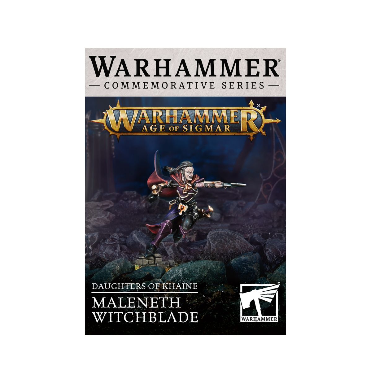 Warhammer Age of Sigmar - Daughters of Khaine - Maleneth Witchblade - Detailed miniature figure of Maleneth Witchblade wielding an elegant curved sword and dagger, adorned in dark armor with red