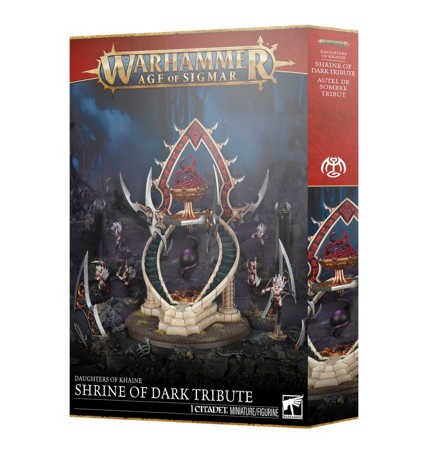 Warhammer Age of Sigmar - Daughters of Khaine - Shrine of Dark Tribute (PREORDER) - Warhammer Age of Sigmar Shrine of Dark Tribute miniature set box with dark fantasy altar and eerie curved structures in gray