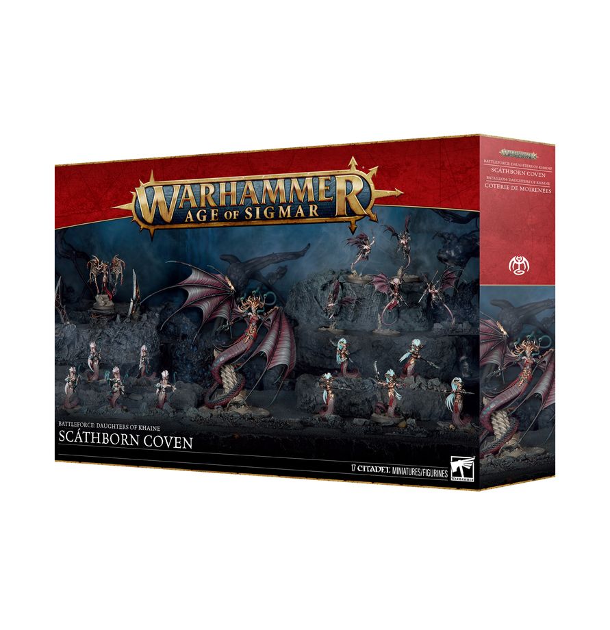 Warhammer Age of Sigmar - Daughters of Khaine - Scáthborn Coven Battleforce (PREORDER) - Warhammer Age of Sigmar Scáthborn Coven Battleforce box featuring dark fantasy miniatures with winged demon and armored.