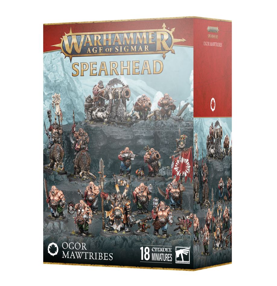 Warhammer Age of Sigmar - Spearhead - Ogor Mawtribes - Warhammer Age of Sigmar Spearhead Ogor Mawtribes box featuring painted miniature warriors with heavy armor, spears, and fur.
