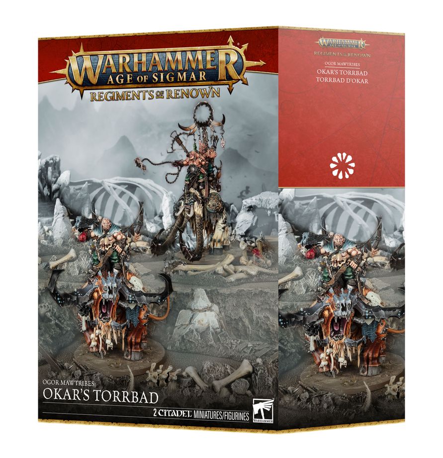 Warhammer Age of Sigmar - Ogor Mawtribes - Okar's Torrbad Regiment of Renown (PREORDER) - Boxed Warhammer Age of Sigmar Ogor Mawtribes Okar’s Torrbad Regiment with painted miniatures and red packaging.