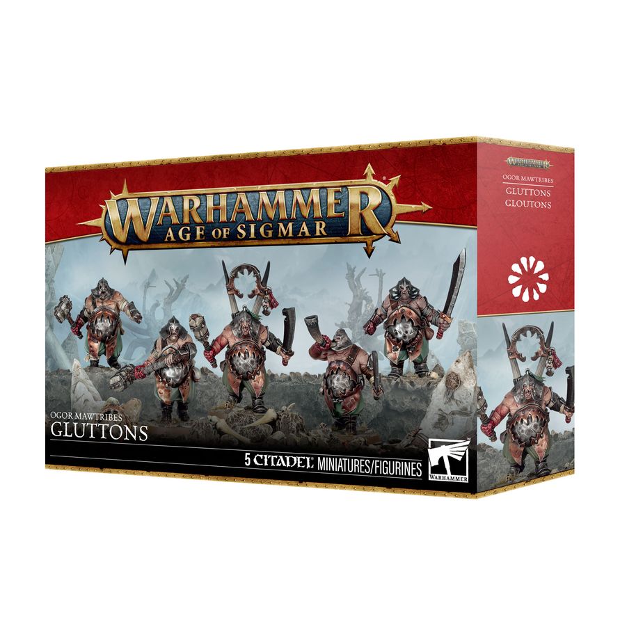 Warhammer Age of Sigmar - Ogor Mawtribes - Gluttons (PREORDER) - Boxed set of five detailed fantasy Ogor miniatures with large axes and spiked armor from Warhammer Age of Sigmar series.