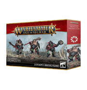 Warhammer Age of Sigmar - Ogor Mawtribes - Ironguts (PREORDER) - Boxed set of Warhammer Age of Sigmar Ogor Mawtribes Ironguts miniature figures with painted warriors wielding heavy weapons.