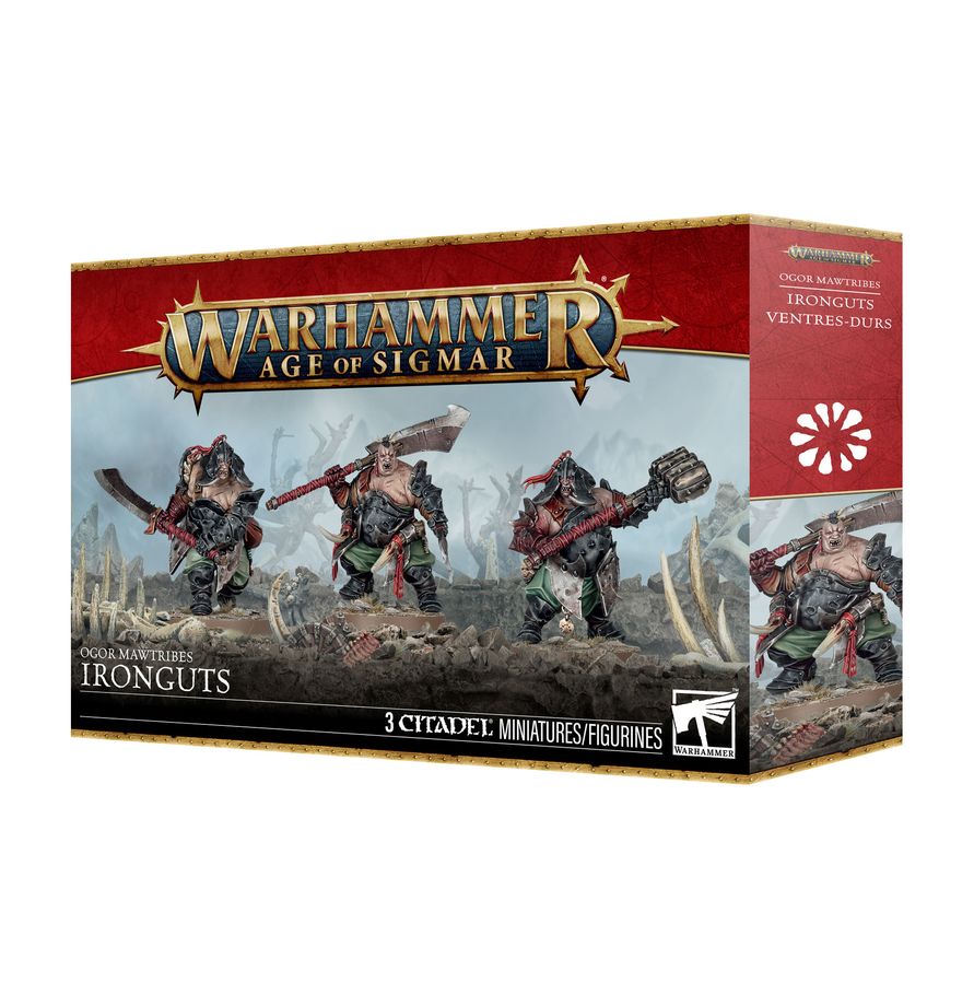 Warhammer Age of Sigmar - Ogor Mawtribes - Ironguts (PREORDER) - Boxed set of Warhammer Age of Sigmar Ogor Mawtribes Ironguts miniature figures with painted warriors wielding heavy weapons.