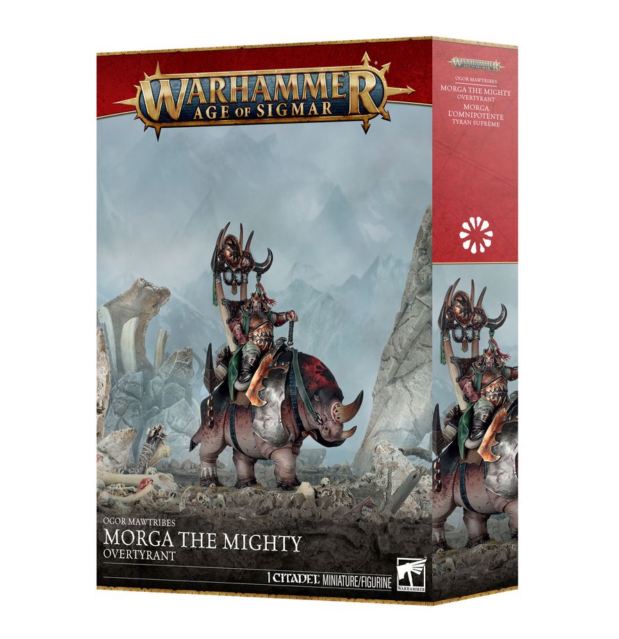 Warhammer Age of Sigmar - Ogor Mawtribes - Morga the Mighty – Overtyrant - Warhammer Age of Sigmar Morga the Mighty Overtyrant boxed miniature with armored ogor riding a war beast against a stormy.