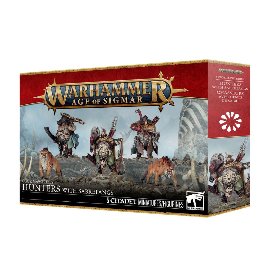 Warhammer Age of Sigmar - Ogor Mawtribes - Hunters with Sabrefangs (PREORDER) - Boxed set of Warhammer Age of Sigmar Ogor Mawtribes Hunters with Sabrefangs miniatures, featuring detailed fantasy beast-men