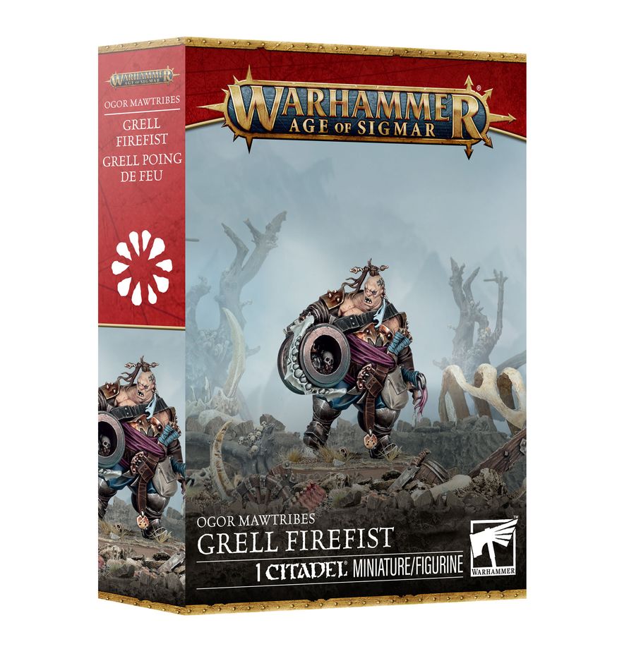 Warhammer Age of Sigmar - Ogor Mawtribes - Grell Firefist (PREORDER) - Warhammer Age of Sigmar Ogor Mawtribes Grell Firefist boxed miniature figure with armored ogor wielding a spiked club and.