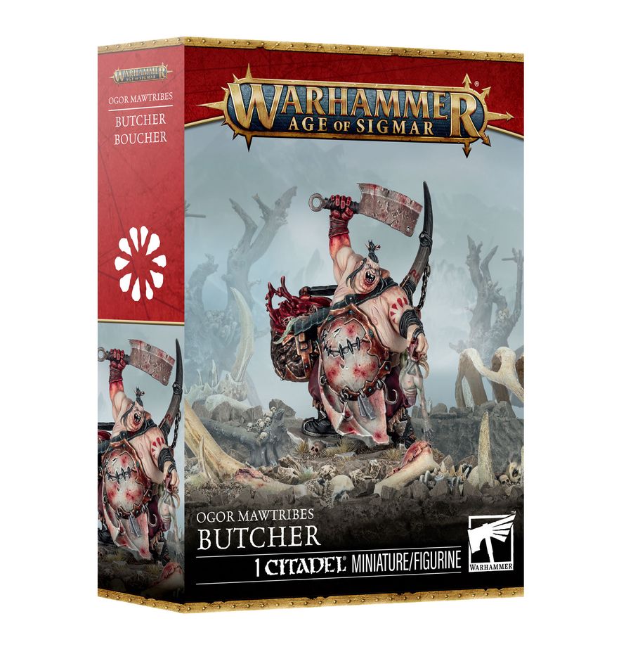 Warhammer Age of Sigmar - Ogor Mawtribes - Butcher (PREORDER) - Warhammer Age of Sigmar Ogor Mawtribes Butcher miniature box with fantasy warrior wielding cleaver and meat hook.