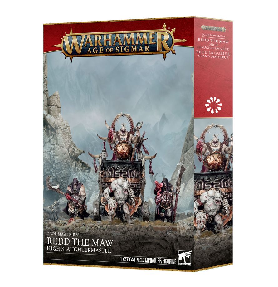 Warhammer Age of Sigmar - Ogor Mawtribes - Redd the Maw – High Slaughtermaster (PREORDER) - Warhammer Age of Sigmar Redd the Maw miniature on throne with tribal skull and bone decorations, painted in dark and red.